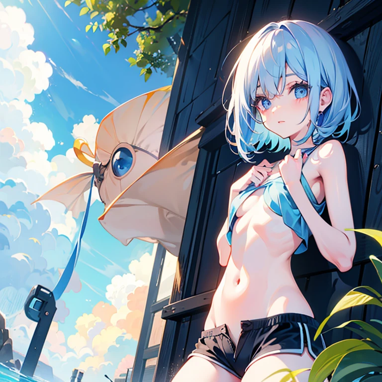 1 skinny girl without a shirt, beautiful breasts in short swimming trunks, cute very shy blue detailed eyes