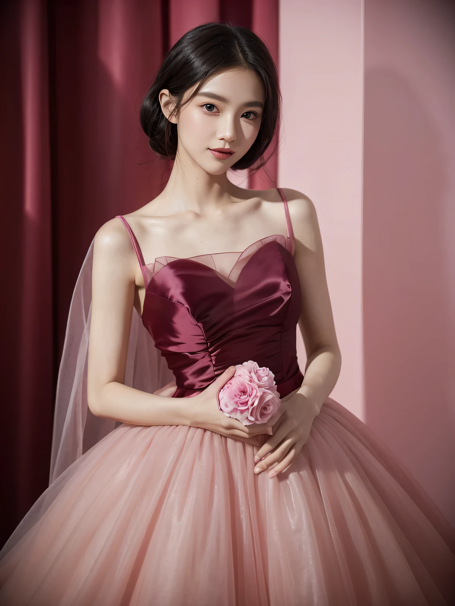 A woman dressed in dark pink holds a flower in her hand.., wearing dark pink clothes, Wearing an organza gown and a dark pink ballroom gown., hot pink clothes, wearing a dark pink suit, Stylish Editorial Photography, official valentino editorial, translucent dress, Subtle and dreamy, Highly saturated dark pink, celestial fairy tale, very subtle, dreamy and heavenly, hot pink , Lots of merlot, official dior editorial, enlargement, smile at me