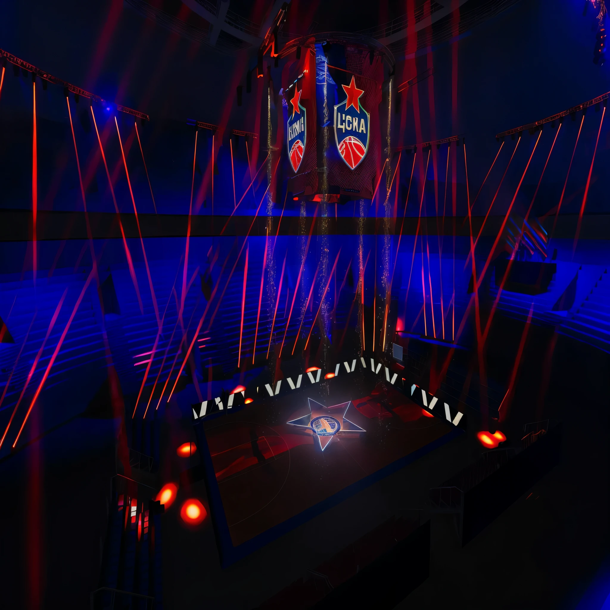 Big basketball arena, stage light, Stands, many spectators in the stands, LED screen hanging from above, rays of lighting devices, ((((volumetric lighting))))