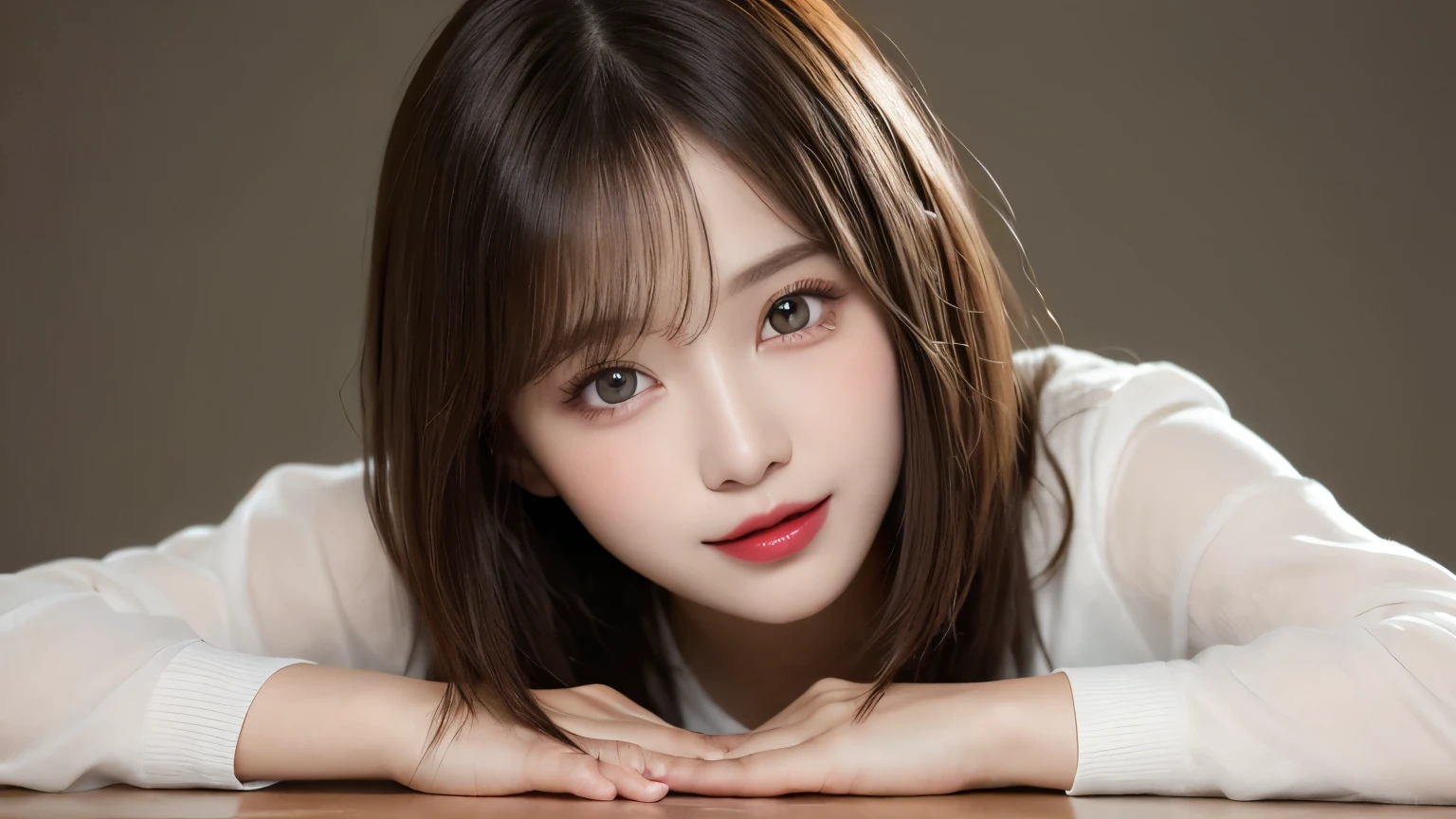 On the table, best quality, illustration, Super detailed, Fine details, high resolution, 8k wallpaper, Perfect dynamic composition,Long-distance shooting,Upper body shot,Beautiful and delicate eyes, shirt,Medium Length Hair,,Natural lipstick, Home、20 year old girl、Lovely、Show your sexiness to the camera,Ecstatic expression,Blurred Background