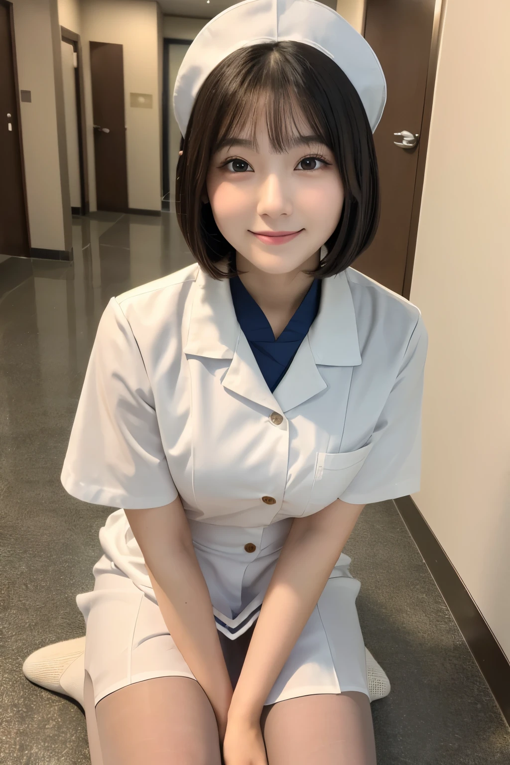 (1 Girl)、(Beautiful Japanese、18years old,round face、Refreshing、clear、seems kind、stylish、Pitiful、cute like an angel、cute、black eyes、,actress,Almond-shaped eyes), Good style , (Beautiful big breasts:1.2),(soft breasts),(very cute),(Black hair),(short bob hair),(enchanting eyes),(highlight on eyes:1.2)、(8K、Live shooting、highest quality、masterpiece:1.2、optimal lighting)、((masterpiece)),(Photo taken by a professional photographer),(real、photo real:1.4),break,{ (White nurse costume),(((taraditional nurse uniform))),(White nurse mini skirt),((White pantyhose)),(cleavage:0.7)},(Worried face),(cheeks are red:1.2), break, break,Hospital,Face shot:1.3、Hospital waiting room、Looking away, face close-up,Dynamic angle,