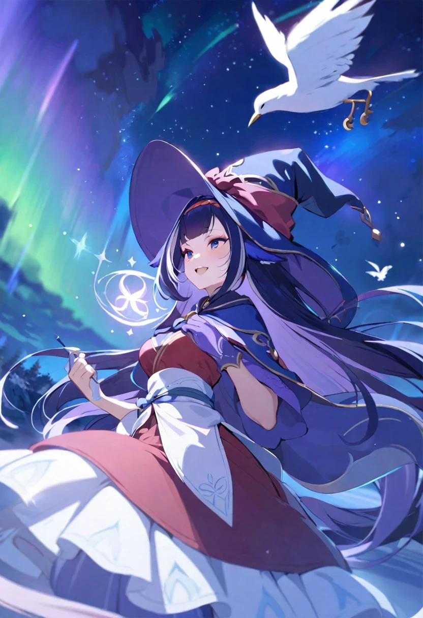(shylily/(Twich/):1.5),(masterpiece:1.2),(best quality:1.2),, (1girl:1.3),(witch hat), long hair, skirt, aurora, night, stars (sky), gloves, sky, white skirt, night sky, mouth open, starry sky, Ribbons, Long Hair, Red Dress, Smile, Headband, Cape, (Bird), Magic, Spellcasting, Dark Clouds, Night, (Impressionism: 1.4), (Tarot: 1.3), Alphonse Mucha,