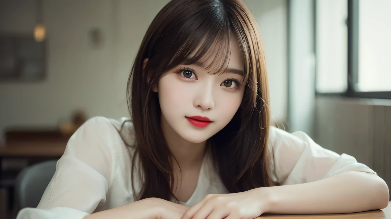 On the table, best quality, illustration, Super detailed, Fine details, high resolution, 8k wallpaper, Perfect dynamic composition,Long-distance shooting,Upper body shot,Beautiful and delicate eyes, shirt,Medium Length Hair,,Natural lipstick, Home、20 year old girl、Lovely、Show your sexiness to the camera,Ecstatic expression,Blurred Background