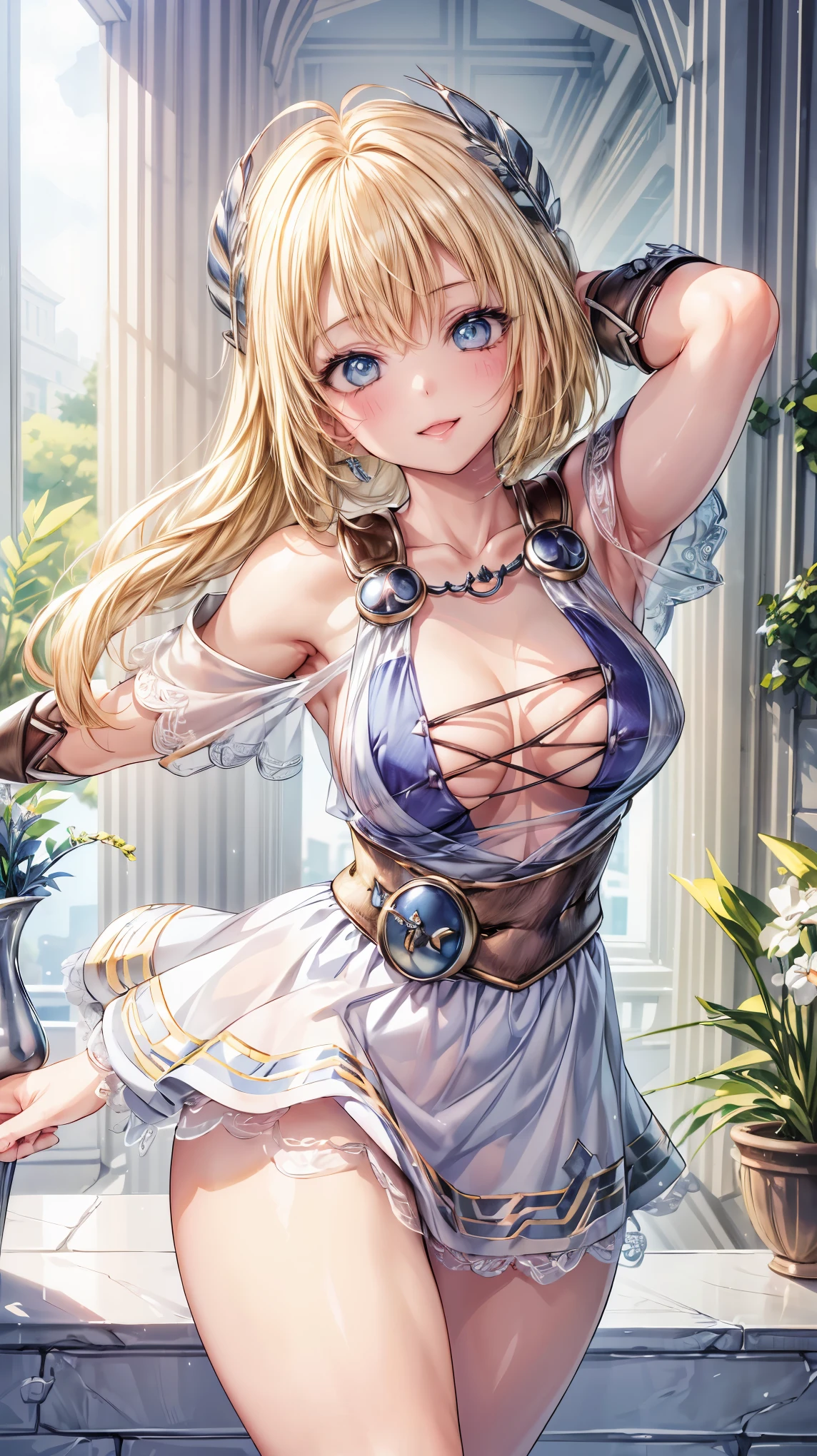 (8k, masterpiece), high resolution, high quality (best quality), sophitia, blonde hair, braid,blue, elegant dress, in a garden full of flowers, giving a cute and sexy smile, spectacular dynamic lighting, beautiful eyes, delicate face, detailed skin, detailed breasts, detailed hands, vivid colors,