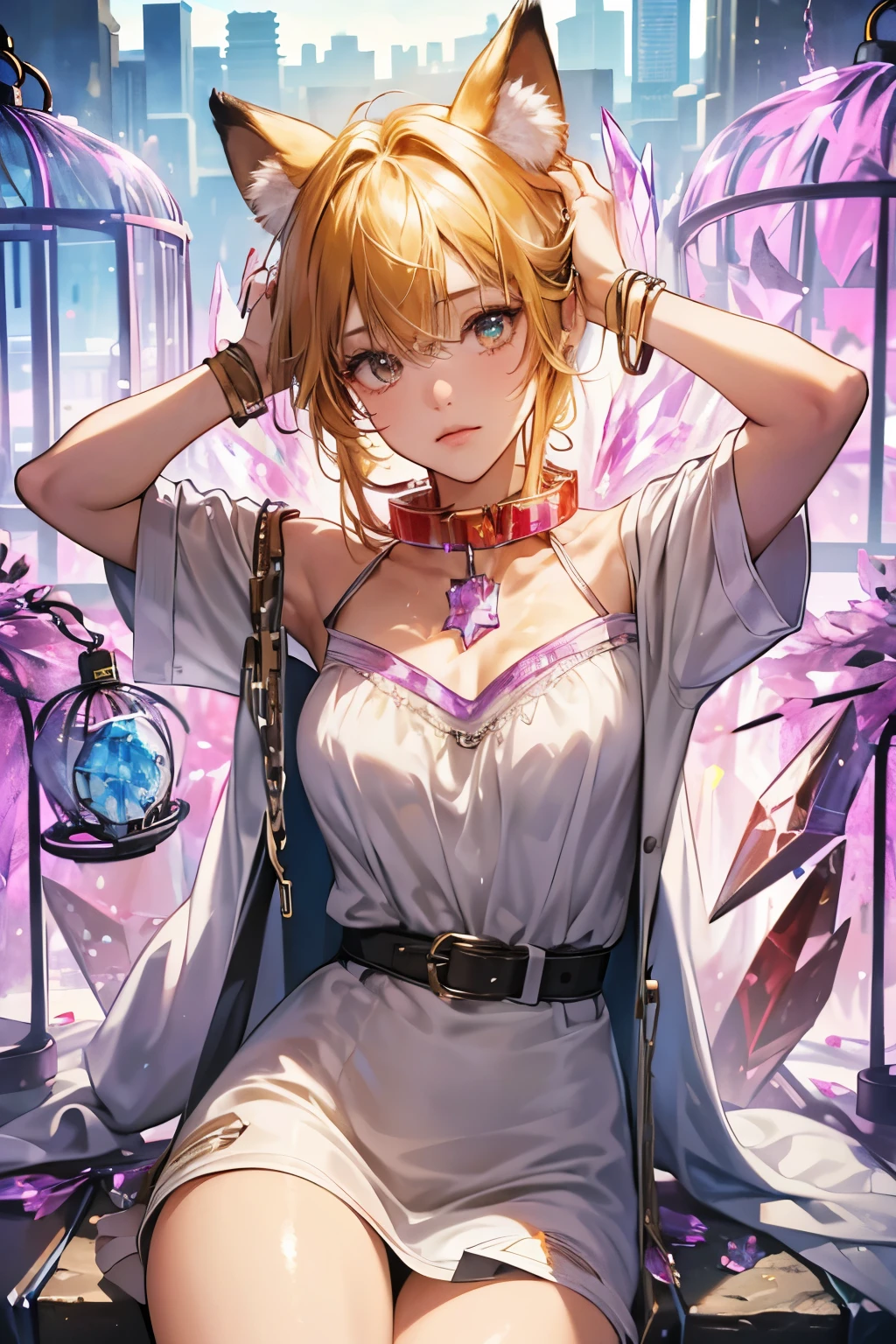 (absurdres, highres, ultra detailed),Masterpiece,intricate details,Best quality,8k,Realistic face,anime girl,Realistic skin texture,magnified textures, stunning clarity, ultra detailed eyes and faces,15 years old girl,tanned skin:1.1,short yellow hair,(suprise),cowboy shot,baby face,(Crystallized city:1.5) ,(science fiction),sitting,,look at viewer,fox ears,(Chained by a collar:1.5),(she is in cage:1.7),arms down,