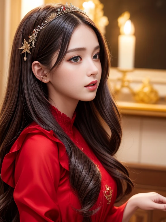 4K Ultra HD, masterpiece, girl, Nice face, Fine grain, Very long hair, Detailed lips, Very detailed dress, Red clothes, Dim lighting, Blowing Wind