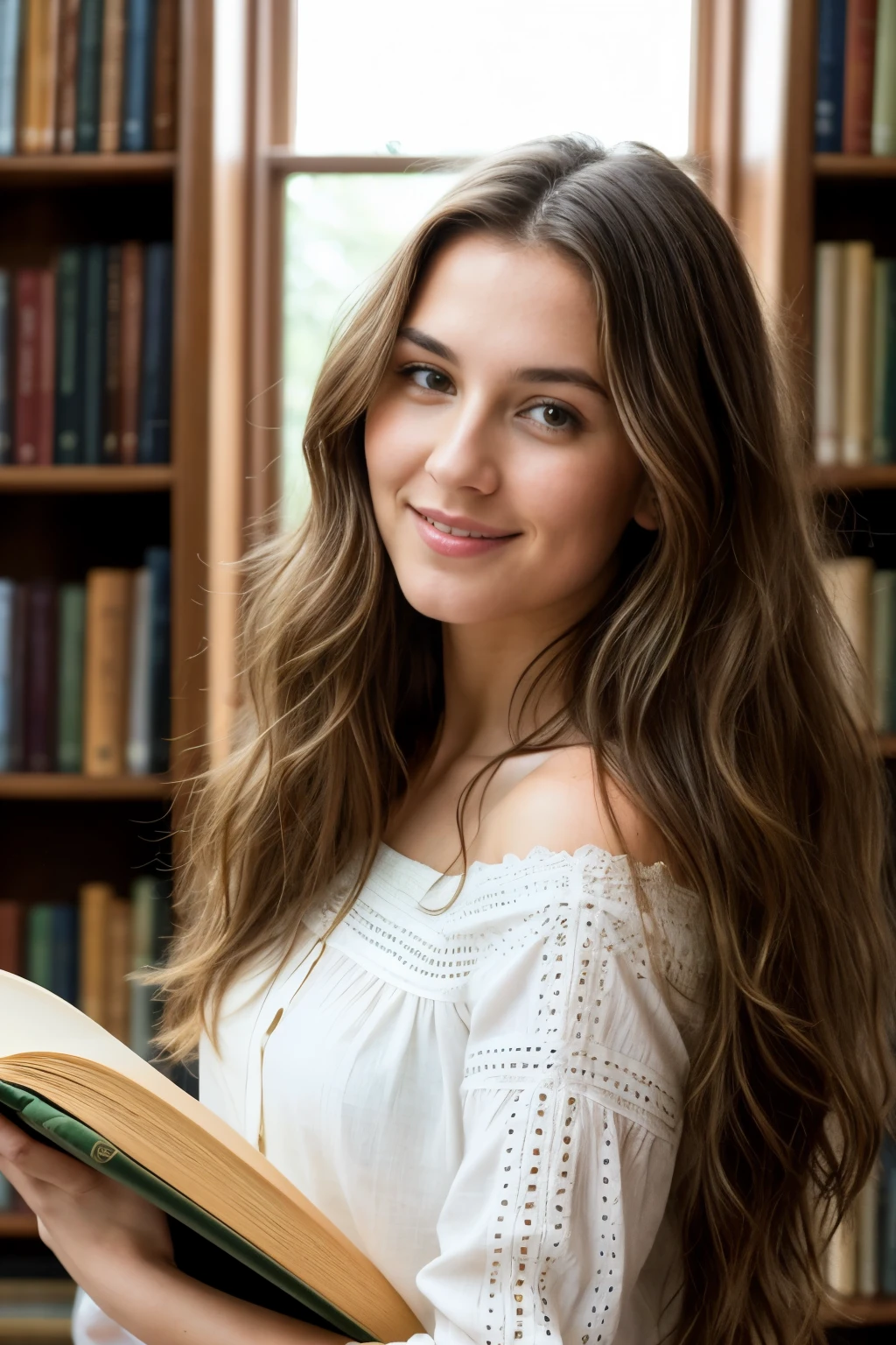 In the heart of a digital library, a woman with long, wavy brown hair and bright green eyes takes a selfie. She wears a simple white blouse and her hair cascades down her shoulders, brushing against the crisp pages of an open book. The background is filled with towering bookshelves, their spines glowing in the soft, warm light filtering in from the large window nearby. The image is captured in stunning 4K resolution, every detail clearly visible from the delicate curves of her lips to the intricate patterns on the book covers. The photograph is a true masterpiece, full of depth and richness, a testament to the beauty of both the woman and the world around her.