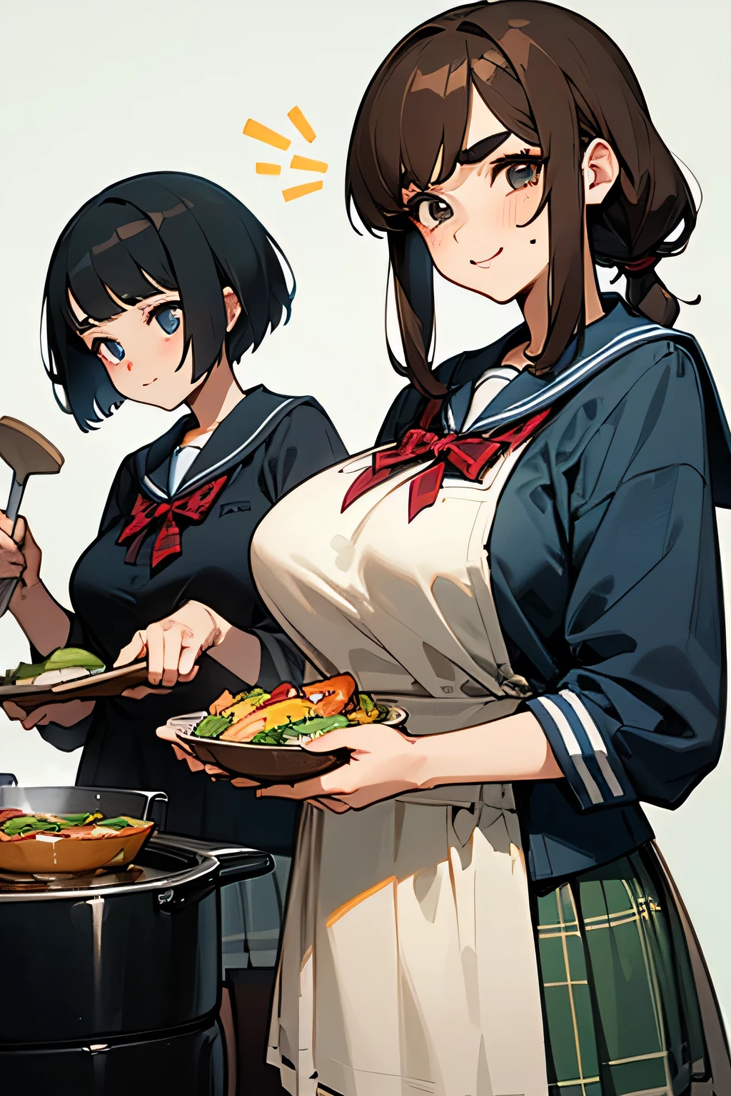 highest quality、High resolution、Detailed Background、(Beautiful face in every detail:1.4)、Anatomically correct、(Draw the usual number of fingers:1.2)、(Detailed facial expressions)、(Detailed eyes:1.2)、(Detailed eyes:1.2)、Beautiful, smooth skin、Beautiful girl in her 20s、(Huge breasts:1.3)、(Highly detailed face:1.4)、Brown Hair、Black Hair、ponytail、Bobcut、Braided long hair、Wavy Hairstyle、well-groomed eyebrows、Perfect body line、Sailor suit、light blue sailor color、Pleated skirt with tartan plaid pattern、Brightly colored school cardigans、White knee-high socks、In a joking manner、Fast food restaurants、Cowboy Shot、
(Two beautiful girls enjoying cooking:1.5)、
ramen、sushi、Korean cuisine、Thai cuisine etc.々Asian cuisine is served as fast food.、
Subway is a fast food chain that specializes in healthy sandwiches.、
The reason it is popular among young people is that it is customizable, allowing you to choose your own ingredients, and that you can enjoy a healthy sandwich.、cute