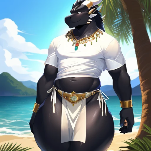hi res,(((dragon))), (black body ), anthro, , , ((((long loincloth)))), ((((lingerie bikini, s\ex\y bikini, side-tie panties, tiny black thong)))), (((( male, , anthro, slim, skinny, )))), male, , anthro, , slim, Skinny, tail, adults, mature, (((male))), (((((((((solo))))))))) outside, plant, standing, sea, tree, (water), detailed background,by milkytiger1145,by takemoto arashi,by null-ghost, cold atmosphere, open smile, soft blush, , ((((((((wearing white tshirts)))))))), ((((((((( thighs, thick thighs, wide hips))))))))), (((((golden accessory, loincloth accessory, loincloth jewelry, jewels and ornaments for loincloth, s\ex\y loincloth, belly dancer outfit, long pelvic curtain, narrow loincloth)))))