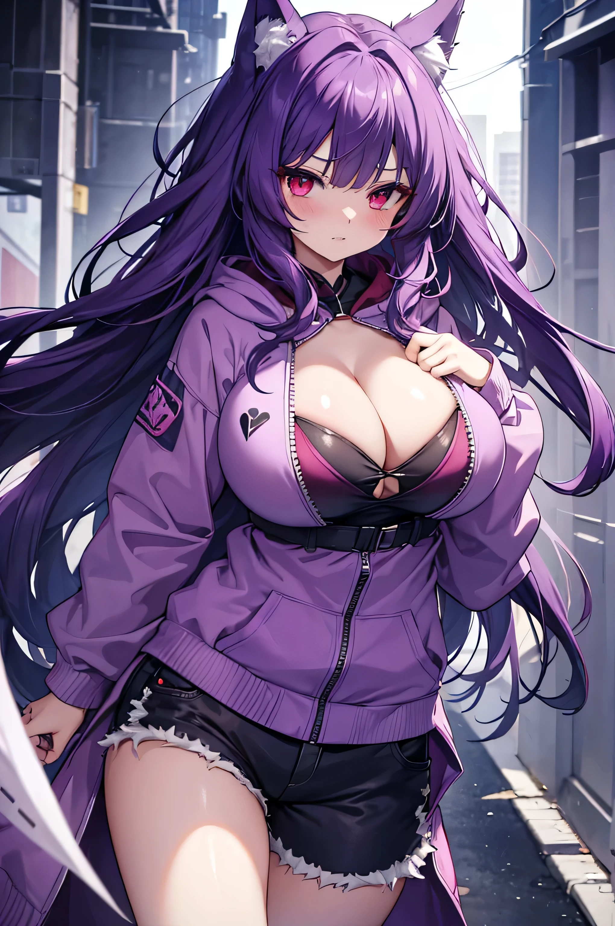 Wolf Woman, Big Breasts, Voluminous purple hair, masterpiece , Red eyes、Double teeth、tooth、Blushed cheeks、 hd, Head to Chest, buried in my chest、Underbust、Cleavage、Shorts、hands in hoodie pockets