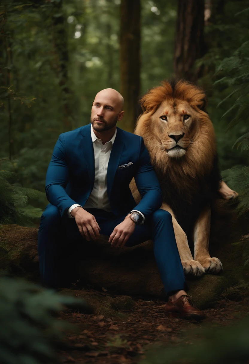 30-year man bald, Caucasian man in pinstriped suit entangled legs in the middle of the forest、Sitting with hands on a lion