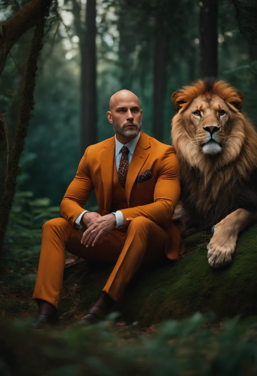 30-year man bald, Caucasian man in pinstriped suit entangled legs in the middle of the forest、Sitting with hands on a lion
