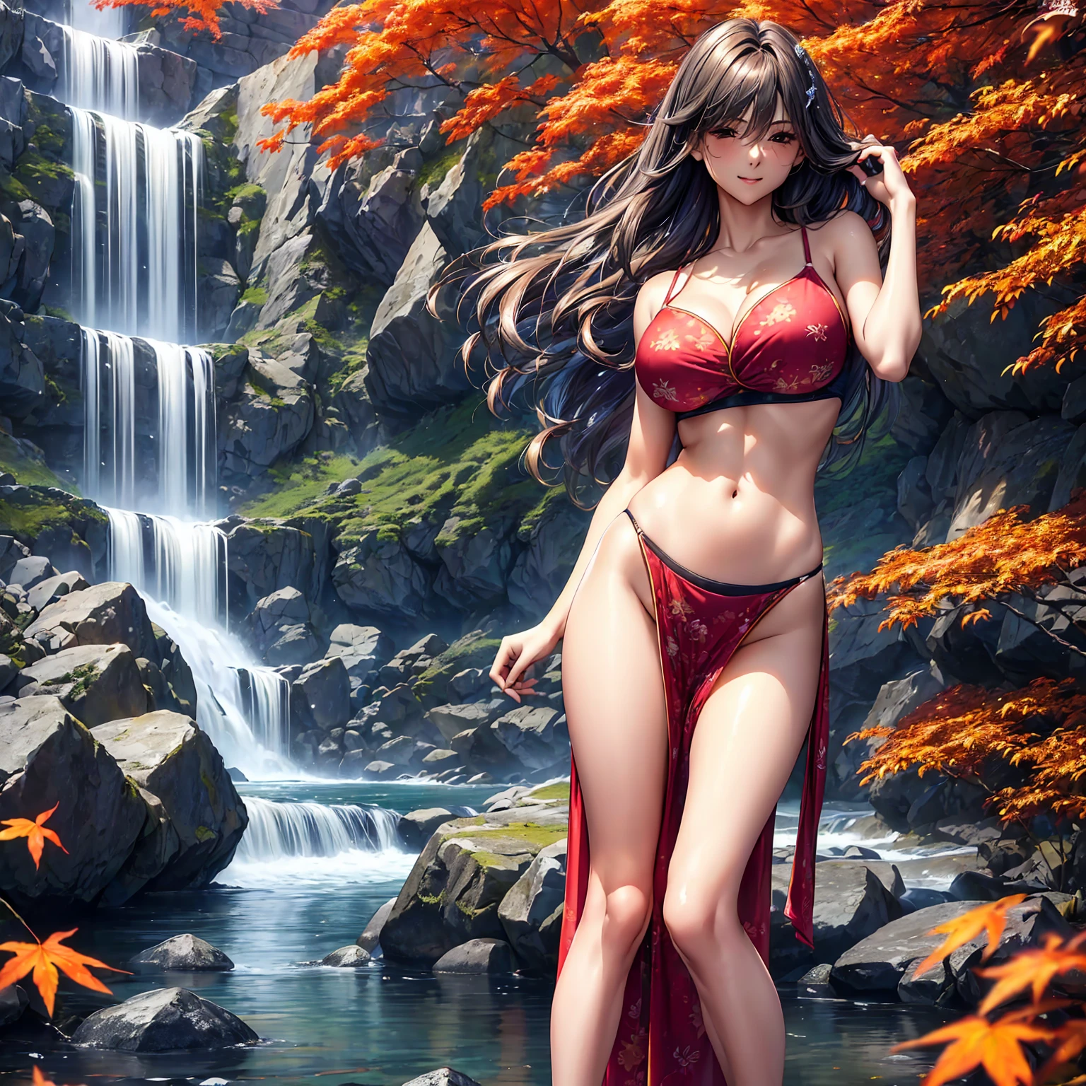 (((highest quality、masterpiece、Very high resolution、Highly detailed images)))、Beauty Painting,A woman of perfect and ultimate beauty:18-year-old, Beautiful body,Beautiful breasts:F Cup、Beautiful Face:smile、Various Hair Styles、Best skin and hair texture、((Swimwear:かわいいビキニSwimwear:Patterned)),Mystical Waterfront:Beautiful waterfall and autumn leaves,Night Sky:Starry Sky,Natural light,Beautiful views,Beautiful colors,Model shoot:Beautiful pose,Hair blowing in the wind,Overall image、Accurate Images、Accurate anatomy、Flawless images,Perfect image,Overall image,(Best Shot,RAW Photos:1.2)