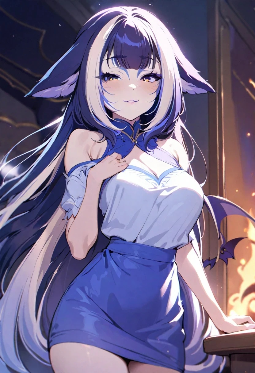 (shylily/(Twich/):1.5),(masterpiece:1.2),(best quality:1.2),, (1girl:1.3), Burning eyes ,Bat wings ,Long hair ,Casual dress