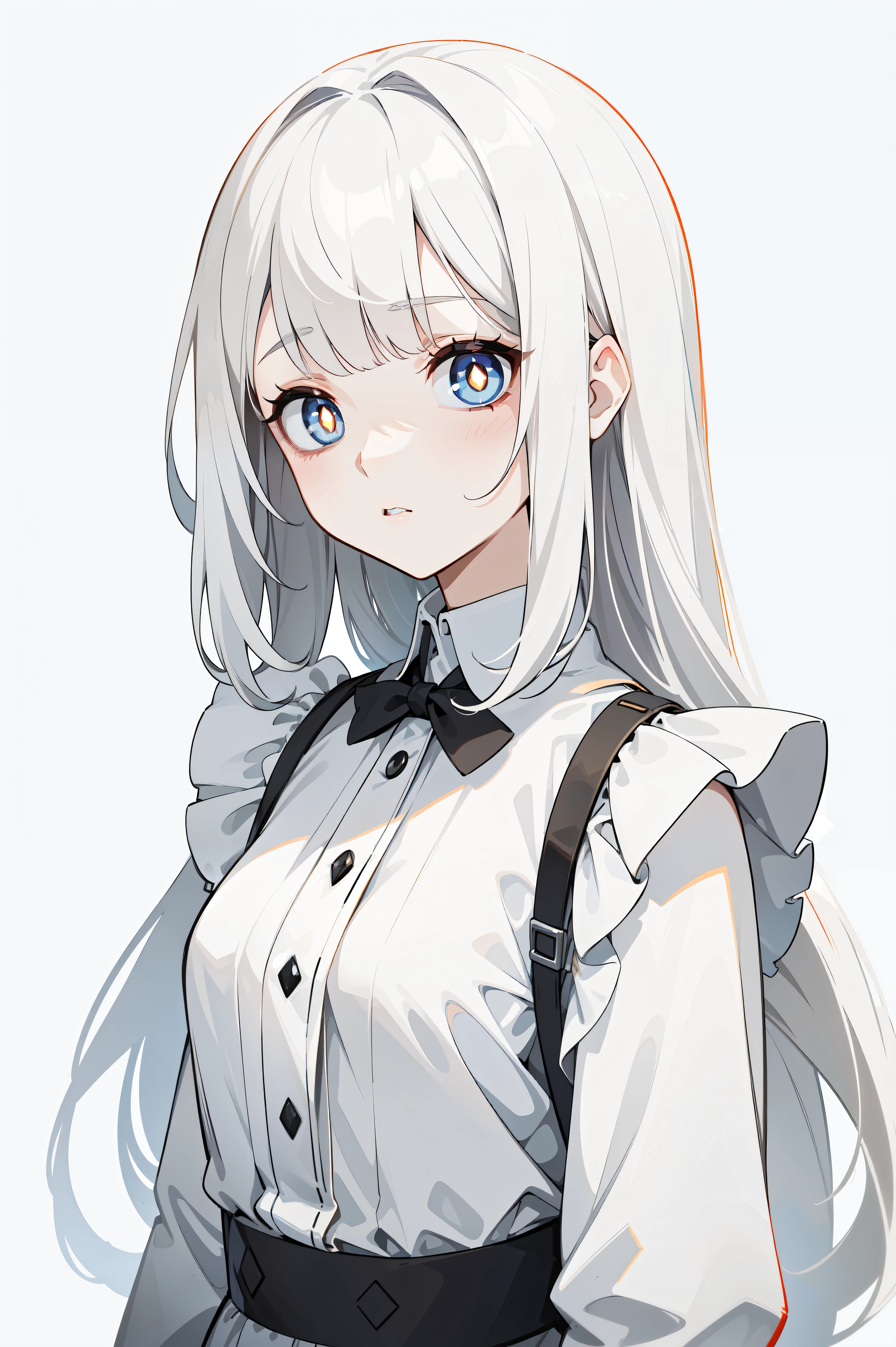 (masterpiece, best quality, ultra high quality:1.1), ((portrait)), 1girl, solo, young with long hair, pure white hair, straight hair, blunt bangs, ((light gray eyes, white pupils)), ((white pupils)), small breasts, flat chest, neutral, innexpressive, sad, white and black dress, maid, white apron, upper body, standing, hands behind back, isometric lightning, white background, simple background