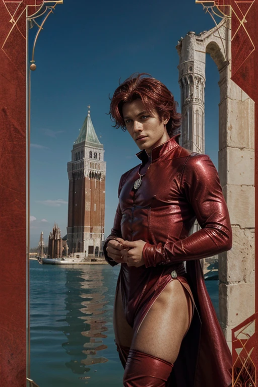 A male human figure who personifying the tarot of The Tower, dressed in scarlet, red, venetian red and bright red rayed azure, exciting intelligence, the Lord of the Hosts of the Mighty, Mars, Caza art, digital art