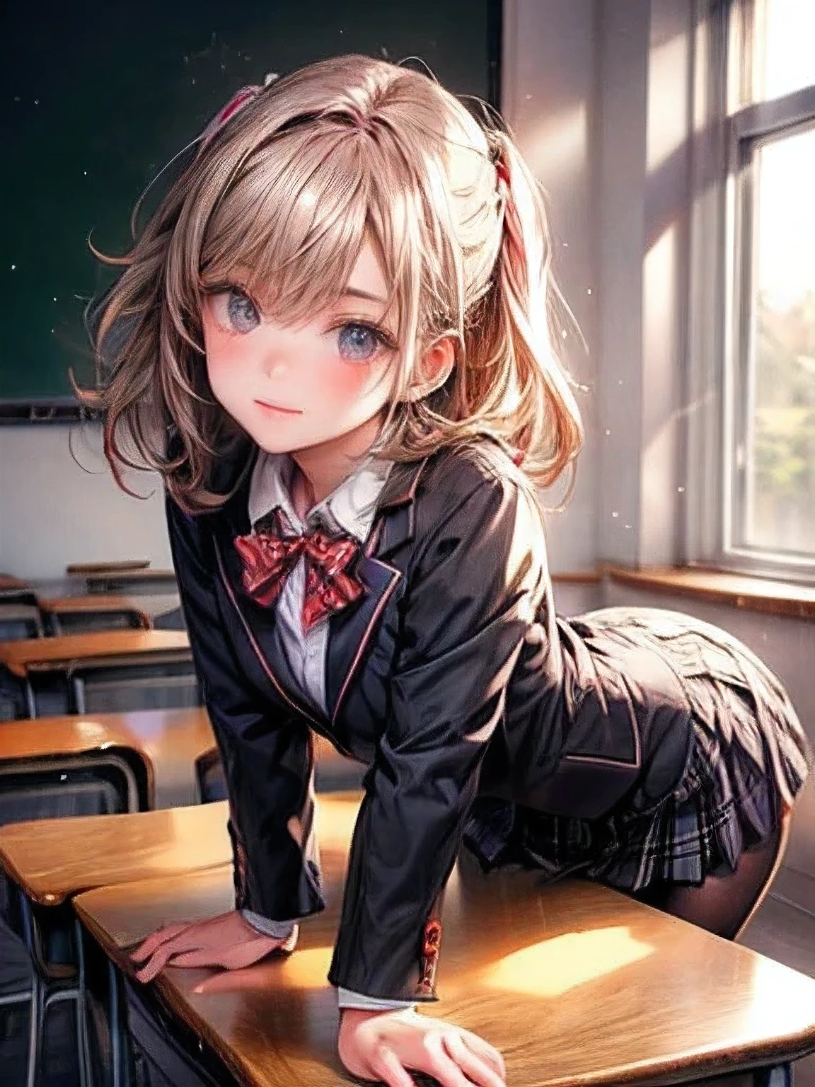 masterpiece:1.2, highres,8k, ultra-detailed:1.2, photorealistic:1.37, cute girl, full-body visible:1.2, a cute girl Push butt up and lean forward, in classroom and looking at viewer, beautiful delicate (hair, face, eyes, lips, clothes), delicate pupils, sparkling eyes, bright rosy lips, cute face,provocative smile, head tilt, school blazer, plaid skirt, black tights