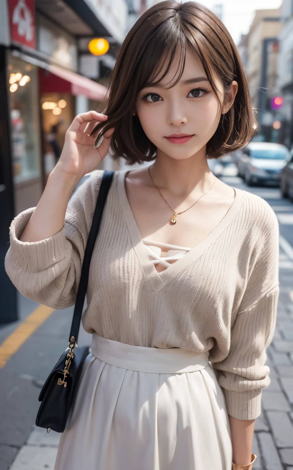 Cute 21 year old Japanese、shopping、Ultra-detailed facial features、Attention to detail、double eyelid、Beautiful thin nose、Sharp Focus:1.2、Beauty:1.4、(Light brown hair、short hair、)、Pure White Skin、highest quality、masterpiece、Ultra-high resolution、(Photorealistic:1.4)、High-definition, professional lighting、nice smile、Please show me your whole body、skirt、Colorful spring clothes、