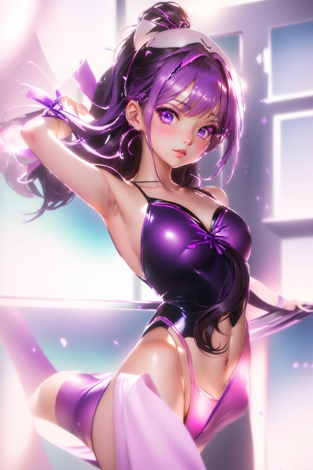 Anime girl in purple swimsuit with pink ribbon, Splash Art Anime , Smooth anime CG art, Enchanting anime girl, Highly detailed art gems, Painted in an anime artist&#39;s studio, , Wearing a swimsuit, Anime Moe Art Style, Ilya Kuvshinov. 4k yen, Beautiful and detailed anime art, Digital anime art, Wearing a leotard