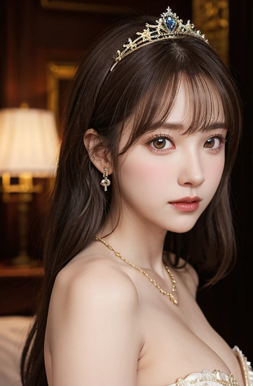 Princess , in castle , detailed hand , high quality, super quality, detailed face, beautiful woman , golden eyes, long hair , mega breast , gorgeous dress, tiara, necklace , earring , sharpe eyebrow , (brown hair:1.4), arching back, back view , looking at camera