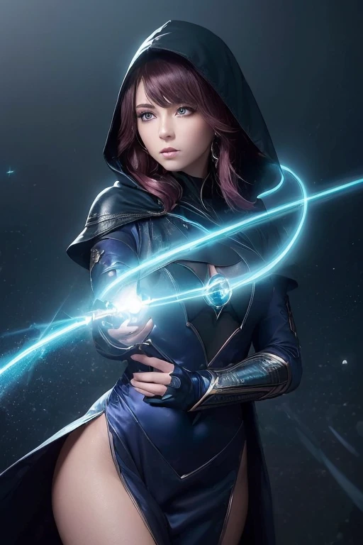 (master piece:1.8), (best quality:1.8), (exquisite lighting and shadow, highly dramatic picture, cinematic lens effect) 8k, wallpaper, looking at the viewer, female gold hair thin and shorty young fantasy witch lady wearing a futuristic dark blue tunic with pink ornaments, dark blue dress with pink ornaments, pink lines in dress, pointy hooded tunic, holding a smart phone, thin waist, notorious hips, serious look in the eyes, beautiful eyes, beautiful lips, blue shiny energy magic circle background, blue glowing magic intricate circle behind, blue stars, blue energy flying spots behind, ethereal lightning, sharp focus