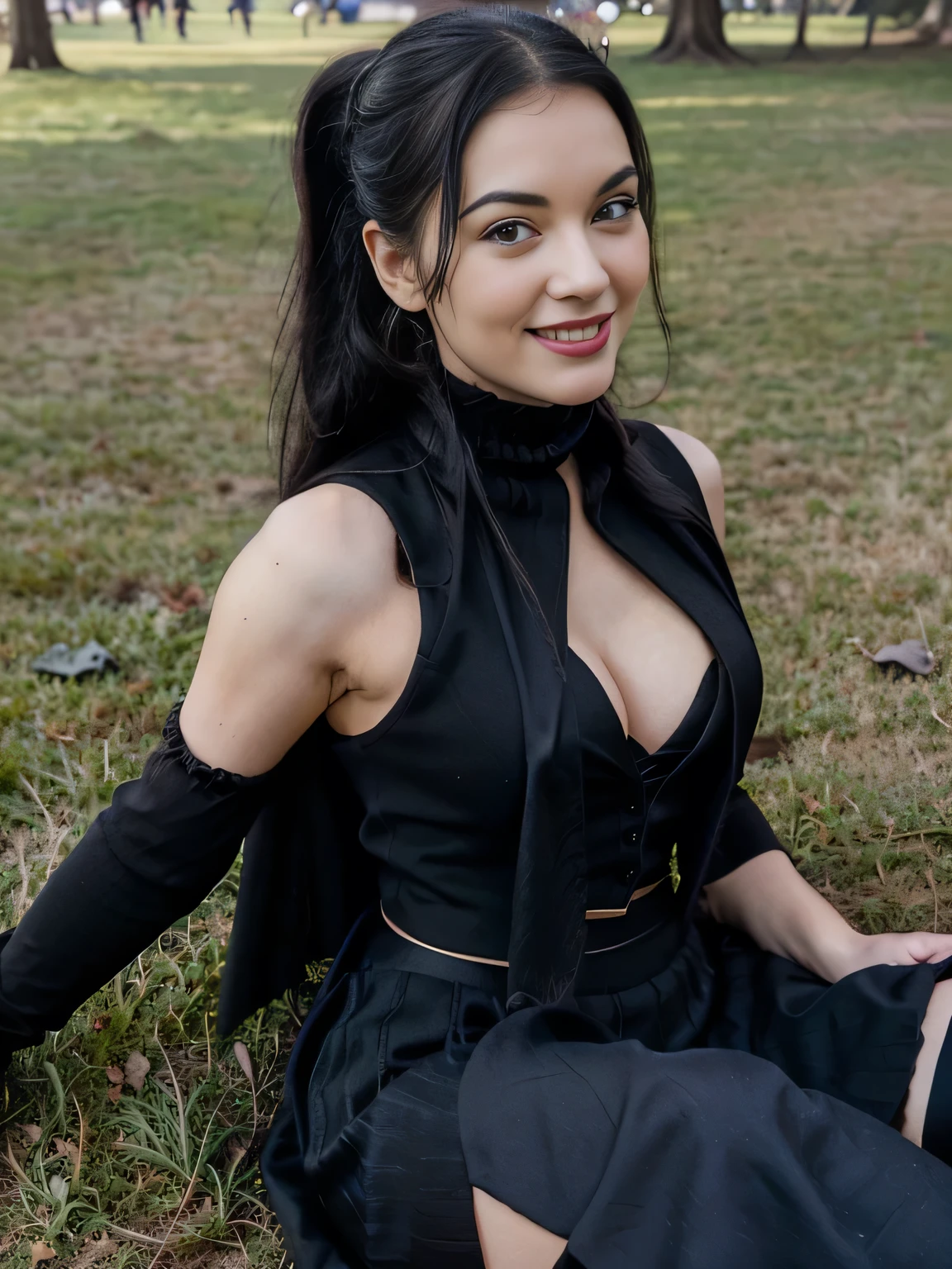 beautiful girl that looks like Bettie page, smile, updo, ponytail hair, black long maxi-skirt(black long maxi-skirt:1.2), black satin gloves,high boots, ((and a long woolen vest )), flirting with the camera, hand bag on her shoulders, lying on teh ground on the grass of central park,