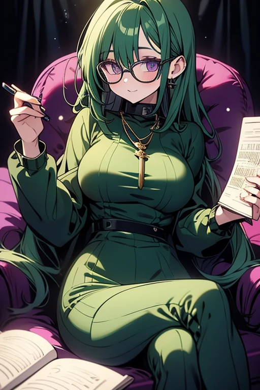 A green haired woman with purple eyes with an hourglass figure with glasses in a purple sweatshirt dress is planning with a notebook in her lap