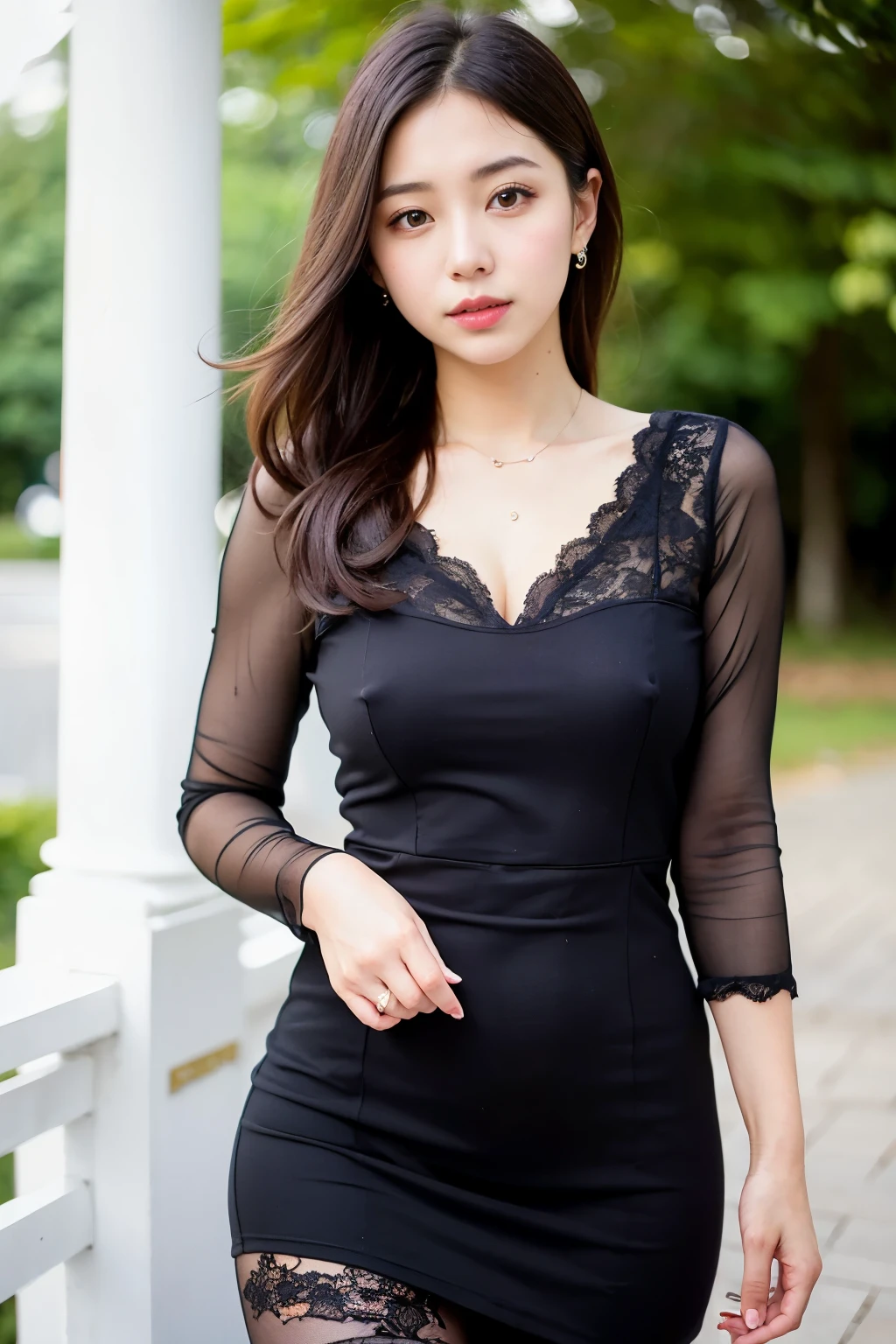 ulzzang-6500-v1.1, (RAW Photos:1.2), (Photorealistic), Beautiful detailed girl, (Genuine: 1.4), (Mastepiece), Classy Madame of the Upper Class、Wearing a gorgeous long dress of lace、Ultra-realistic pantyhose:1.3、Detailed face、Detailed eyes、Exposed thighs!!!