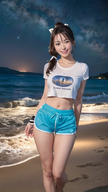 ((masterpiece)), (highest quality), 23 years old,Very detailed, finely, (High resolution), (8k), ((Perfect front viewcomposition)), (Natural color lip),(Side Ponytail:1.3),(((Standing facing forward on the beach at night, Look at me and smile))),((Printed T-shirt)),((Light blue fitness shorts)),((From the whole body to the toes:1.3)),((Perfect front view)),((The magnificent Milky Way floating in the night sky)),((Natural pose)),,((Big ribbon on thigh)),((Normal size buttocks)),((Ample breasts)),((Full and firm breasts)),(Look at me and smile),