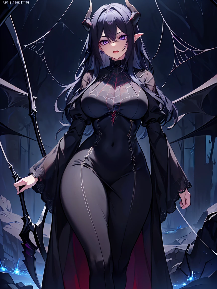 (Uhd, Masterpiece, Textured Skin, Super Detail, High Details, High Quality, Best Quality), Detailed Face, 1woman, mature pretty woman, ((wide hips, thick thighs)), ((Long Dark Blue eyes hair)), ((Black Sexy Rpg dress), (Pants), (Spider, Web, Silk), (Oni Horns), (standing, inside a dark cave full of cobwebs), (Holding a Scythe)