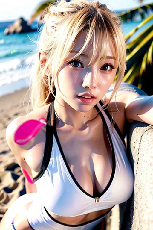 Photorealistic perfect body、Japan models、a blond、Wearing a white tight swimsuit、Happily cuddling on the beach、Enjoy、Splashes fly and hit your face、Close one eye、Healthy beauty、Sexy Full Body、Shyness and laughter、toned body