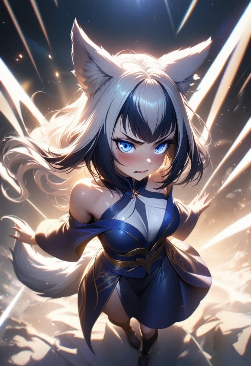 (shylily/(Twich/):1.5),(masterpiece:1.2),(best quality:1.2),, (1girl:1.3),artwork, better quality, ((( Girl with an angry face next to a huge white wolf))), elegant, 1 girl, Wolf ears, Wolf Tail, Lovely, Blushed, Looking at the audience, from above, Wavy Hair, mini skirt, Black and white striped T-shirt, beautiful eyes, Beautiful background, Light Particles, Sun rays, Dramatic Lighting, external, bright, Realist, artwork, better quality, ultra-detailed, detailed, Imagine, beautiful detailed eyes, detailed hair, whole body
