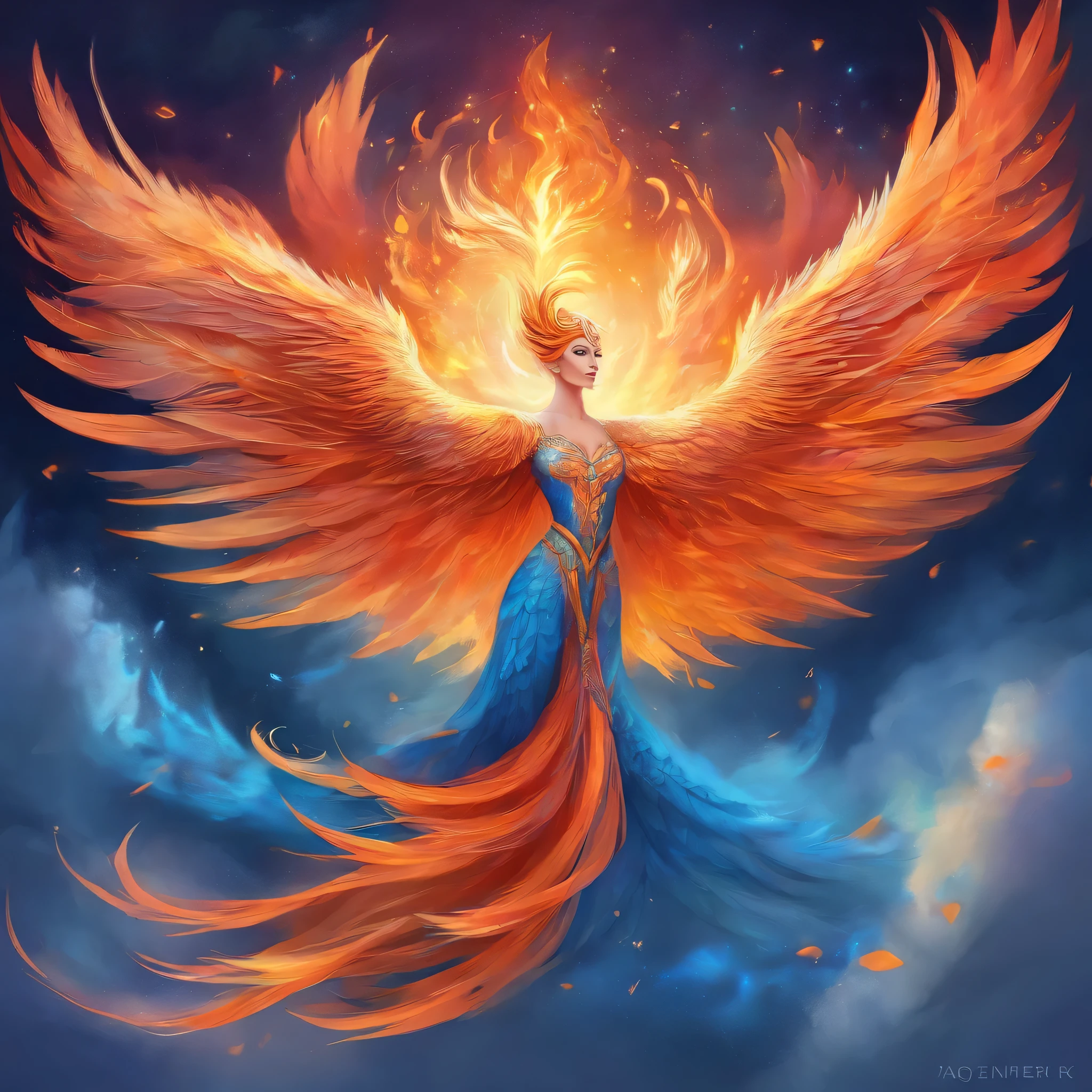 Phoenix Bird, Feminine traits, fiery, Blue eyes, confident, more fire and lava, full length, looks flirtatiously, Ukrainian symbols in clothes and hair, fire from the wings, moon in the sky, symbol of the zodiac sign cancer