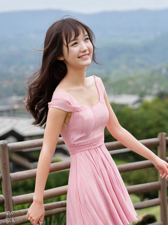 Japanese beautiful girl smile Slim figure Distinct facial features Backwards Cute Woman Long Hair Gazing into the distance Full body photography Pink dress