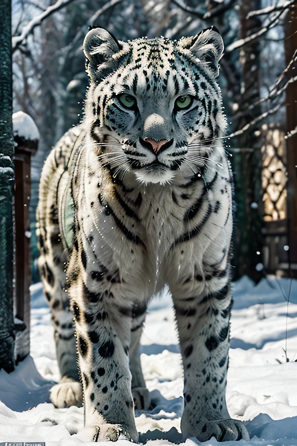 (Masterpiece, best quality, ultra-detailed): A captivating artwork of a fierce snow leopard in full attack mode, with a piercing green gaze that seems to penetrate the soul. The snow leopard's figure is artistically rendered with meticulous attention to detail, from the light, glossy white fur to the intricately textured patterns. Its green eyes gleam with an air of intensity and mystery,={()} echoing the dark and enigmatic atmosphere of the textured background. The color grading perfectly enhances the depth and richness of the artwork, making each element stand out in stunning detail, and adding an enchanting allure to this magnificent beast.