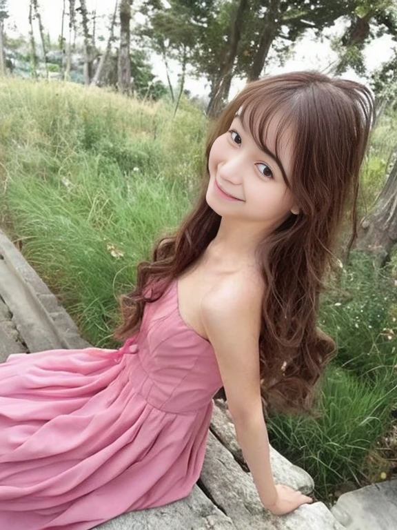 Japanese　beautiful girl　smile　Slim figure　Distinct facial features　Backwards　Cute Woman　Long Hair　Gazing into the distance　Full body photography　Pink dress