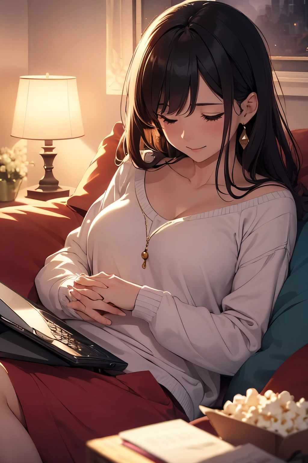 man,girl,(best quality,8K),high detail,HD,epic quality,man and girl watching movies at home sitting on the couch,romantic setting,soft lighting,vivid colors,cozy atmosphere,candlelit room,popcorn,snacks,blanket,holding hands,smiling faces,romantic mood,movie projector,sound system,comfy cushions,romantic comedy,heartwarming scene,magical ambiance,subtle background music,laptop screen,enthusiastic expressions,romantic movie night,shadow play,surround sound,love and affection,cozy living room,sweet gestures,joyful laughter,comfortable clothing,romantic movie scenes,heartfelt emotions,tender moments,dreamy atmosphere,movie night tradition