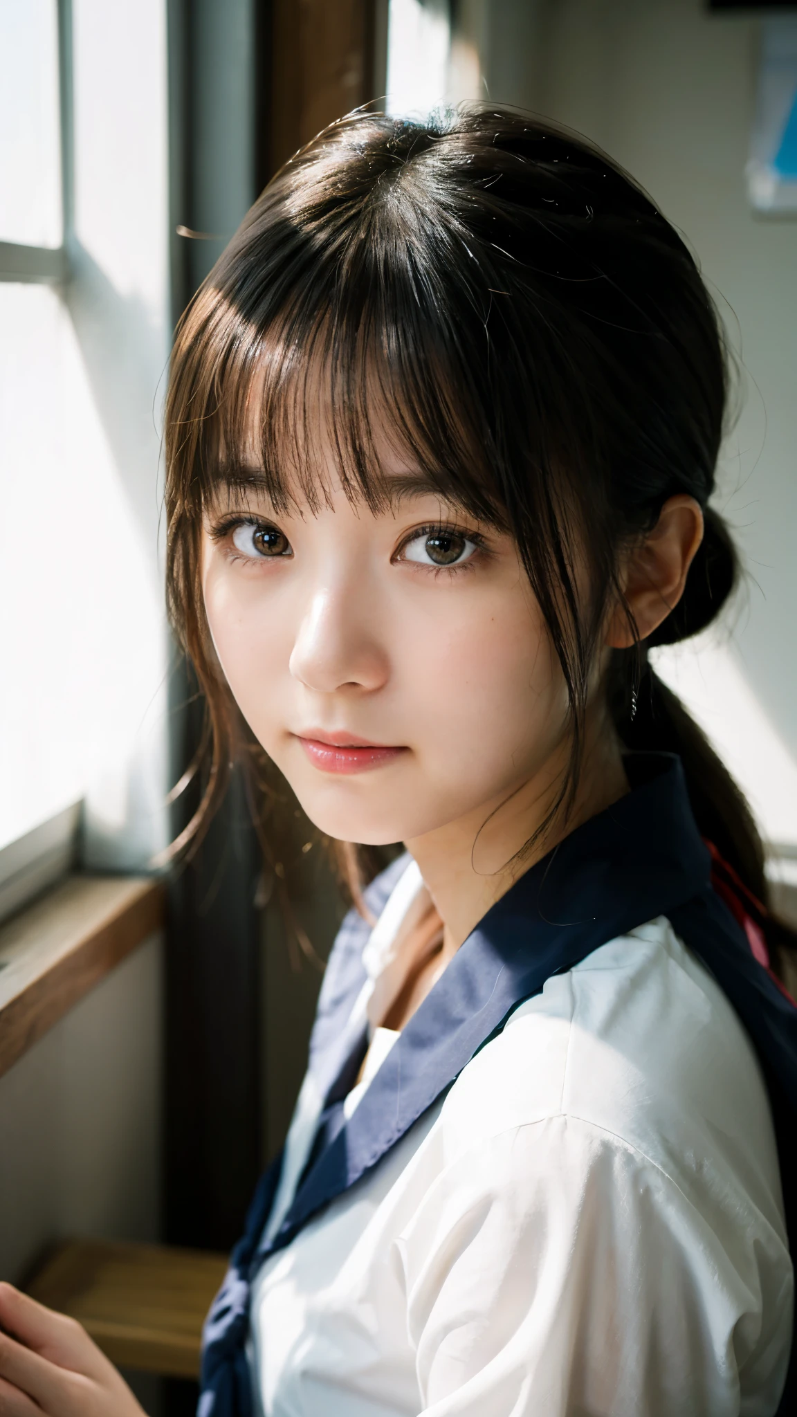 (highest quality,masterpiece:1.3,Ultra-high resolution),(Super detailed,Caustics,8k),(Photorealistic:1.4,RAW shooting),(School classroom),(Girl resting her chin on the desk),Sit on a chair,18-year-old,cute,Japanese,Looking into the camera,Black hair ponytail,Sailor suit,(The light coming in from the window illuminates the girl:1.1),(Curtains fluttering in the wind),(Bust up shot),(Face Focus),(Face close up),Natural light