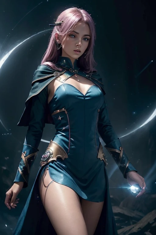 (master piece:1.8), (best quality:1.8), (exquisite lighting and shadow, highly dramatic picture, cinematic lens effect) 8k, wallpaper, looking at the viewer, female gold hair thin and shorty young fantasy witch lady wearing a futuristic dark blue tunic with pink ornaments, dark blue mini dress with pink ornaments, pink lines in dress, pointy hooded tunic, pink mini skirt, holding a smart phone, thin waist, notorious hips, serious look in the eyes, beautiful eyes, beautiful lips, blue shiny energy magic circle background, blue glowing magic intricate circle behind, blue stars, blue energy flying spots behind, ethereal lightning, sharp focus