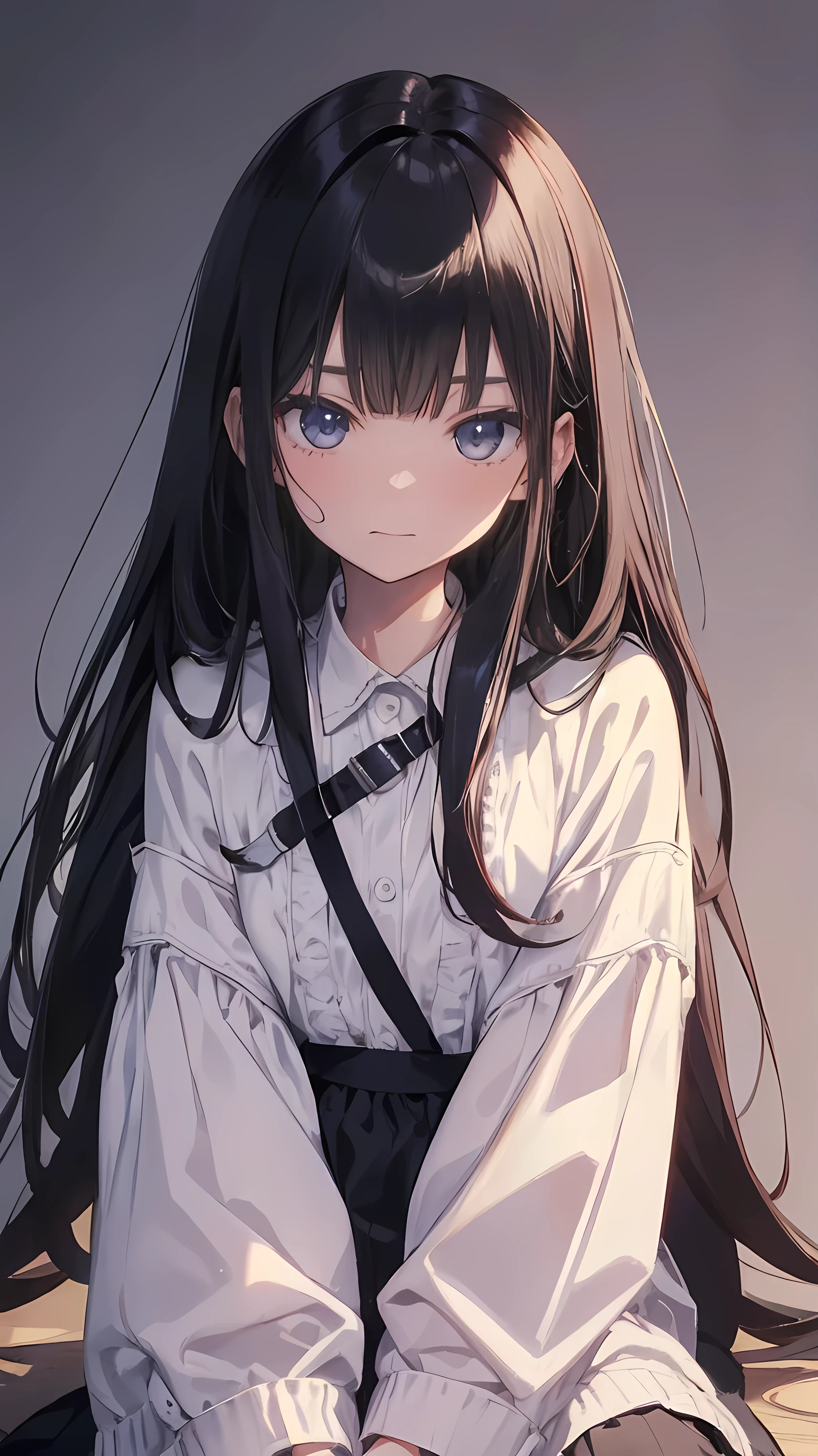 Anime girl with long black hair sitting on a bed - SeaArt AI