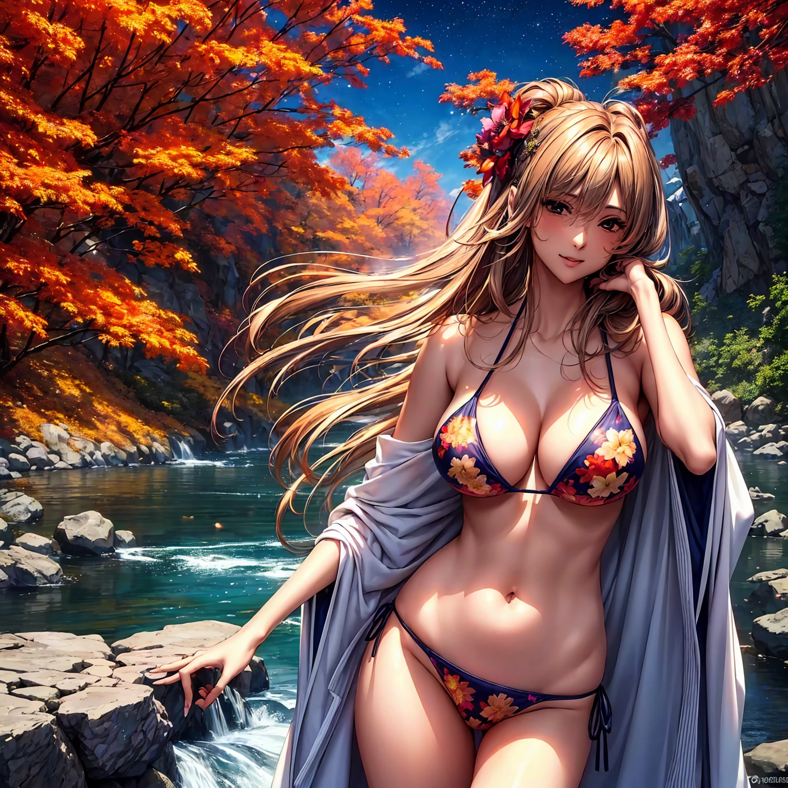 (((highest quality、masterpiece、Very high resolution、Highly detailed images)))、Beauty Painting,A woman of perfect and ultimate beauty:18-year-old, Beautiful body,Beautiful breasts:F Cup、Beautiful Face:smile、Various Hair Styles、Best skin and hair texture、((Bikini Swimwear:かわいいBikini Swimwear:Floral)),Mystical Waterfront:Beautiful waterfall and autumn leaves,Night Sky:Starry Sky,Natural light,Beautiful views,Beautiful colors,Model shoot:Beautiful pose,Hair blowing in the wind,Overall image、Accurate Images、Accurate anatomy、Flawless images,Perfect image,Overall image,(Best Shot,RAW Photos:1.2)
