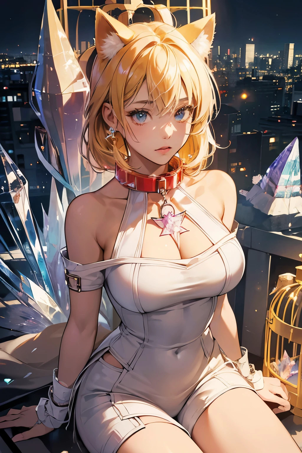 (absurdres, highres, ultra detailed),Masterpiece,intricate details,Best quality,8k,Realistic face,anime girl,Realistic skin texture,magnified textures, stunning clarity, ultra detailed eyes and faces, girl,tanned skin:1.1,short yellow hair,(suprise),cowboy shot,baby face,(Crystallized city:1.6) ,(science fiction),sitting,,look at viewer,(fox ears),(Chained by a collar:1.5),(she is in big cage:1.7),arms down,thin body type