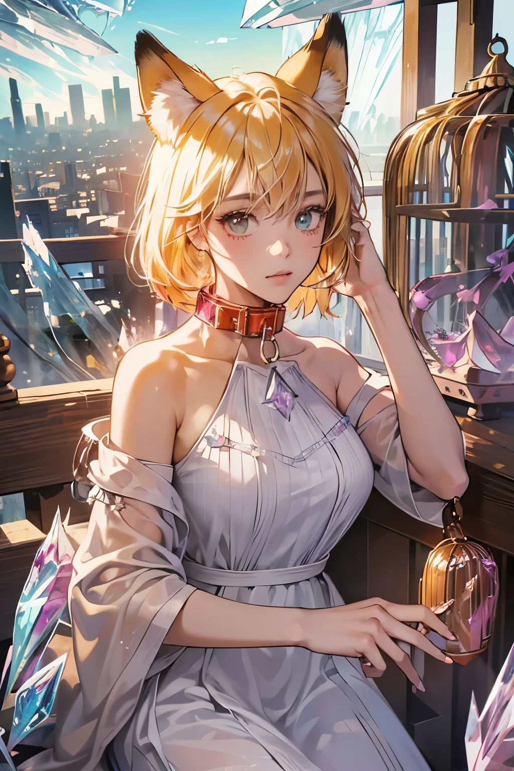 (absurdres, highres, ultra detailed),Masterpiece,intricate details,Best quality,8k,Realistic face,anime girl,Realistic skin texture,magnified textures, stunning clarity, ultra detailed eyes and faces, girl,tanned skin:1.1,short yellow hair,(suprise),cowboy shot,baby face,(Crystallized city:1.5) ,(science fiction),sitting,,look at viewer,(fox ears),(Chained by a collar:1.5),(she is in big cage:1.7),arms down,