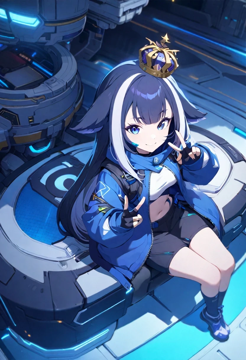 (shylily/(Twich/):1.5),(masterpiece:1.2),(best quality:1.2),, (1girl:1.3),(masterpiece, best quality, extremely detailed CG,beautiful detailed eyes,ultra-detailed,intricate details,from above),fullbody,1girl,young,,young,long hair,metal hair,high bonytail,medium breasts,navel,smirk,((peace sign,sitting,),crown,blue sunglass on head,fingerless gloves,cyberpunk jacket),detailed background((space station,fluorescent blue light,holy aura,Science fiction-theme)),