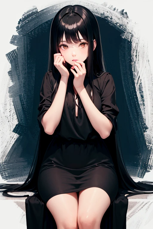Girl in black clothing dress long straight black hair bright orange eyes princess sitting her hands cover her face entirely in a dark room