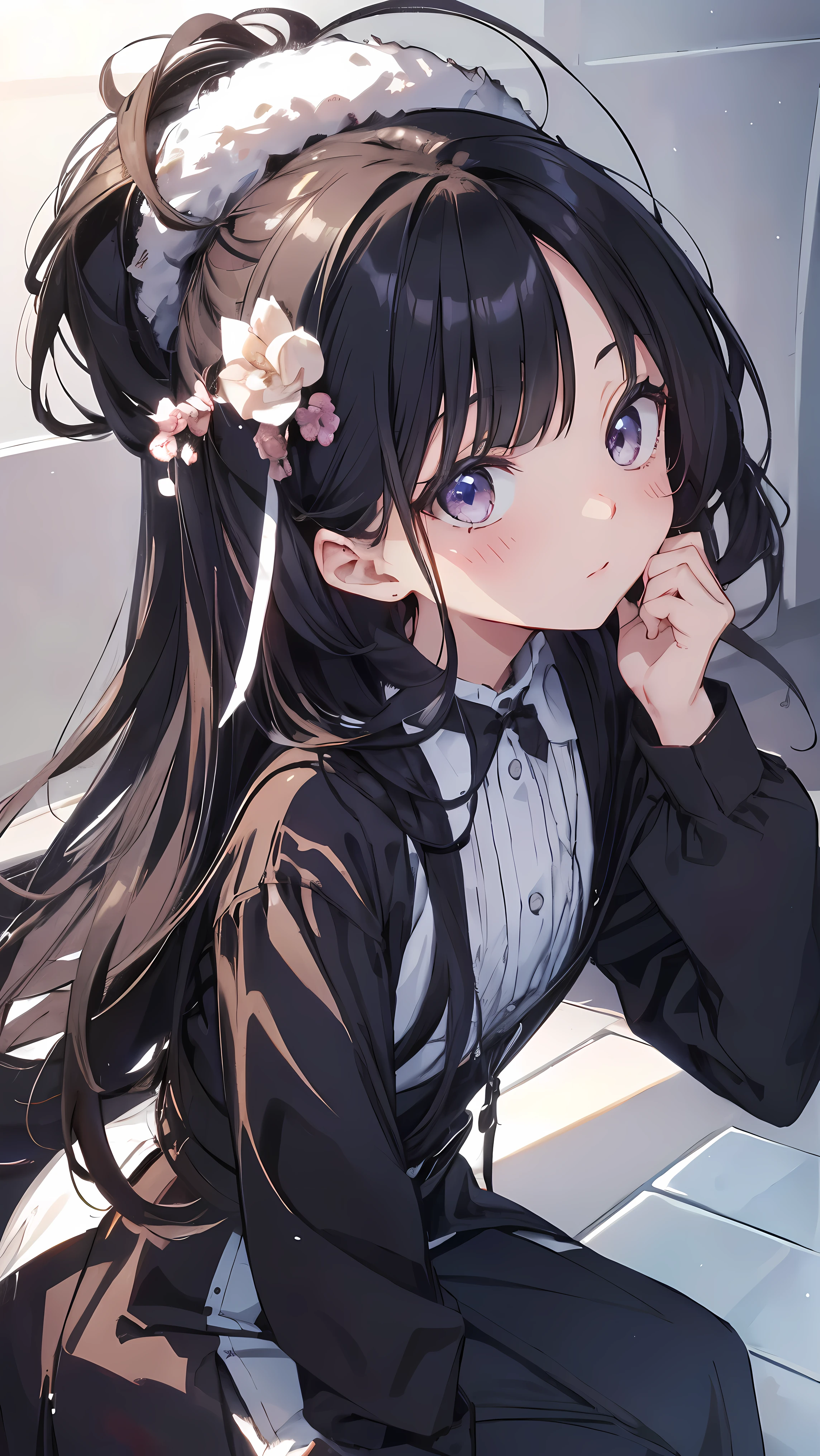 Masterpiece、Highest quality、highest quality、Black Hair、(((Lori)))、 ((Petite))、Shiny hair quality、Small face、Sitting、Super detailed, beautiful, wide eyes、Ultra-detailed, clear and beautiful faces、(cute illustration:1.2), High-resolution, ultra-detailed, best quality, embarrassed 