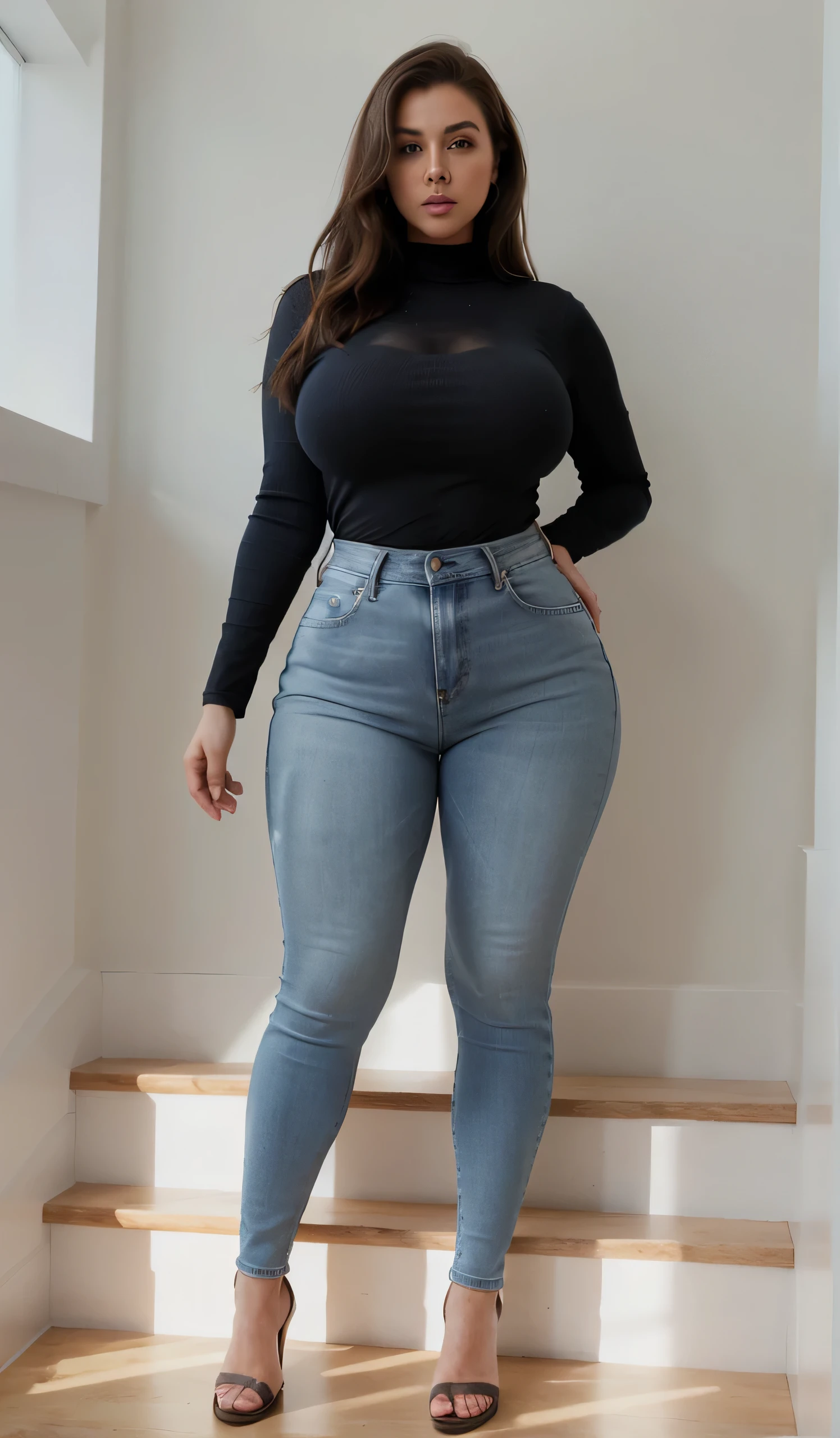 a woman in jeans and heels standing on stairs, skinny waist and thick hips, wearing tight simple clothes, curvy hourglass figure, wide hips, perfect and proportional body, tight outfit, thick body, tight short denim jeans, hourglass figure, thick thighs, curvy figure, accentuated hips, perfectly shaded body, short flat hourglass slim figure, attractive feminine curves, huge breasts, wide hips, tall, long legs