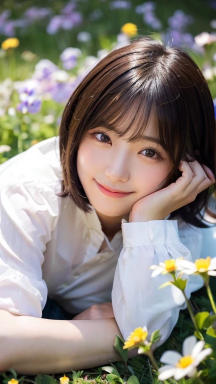 (highest quality,masterpiece:1.3,ultra high resolution),(Super detailed,caustics,8k),(photorealistic:1.4,RAW shooting),(girl lying in a flower field),18-year-old,cute,Japanese,black short hair,look up at the camera with a smile,white blouse,(big ),bust up shot,(high position),(high angle),face focus,face close up,bright light,Natural light,professional writing
