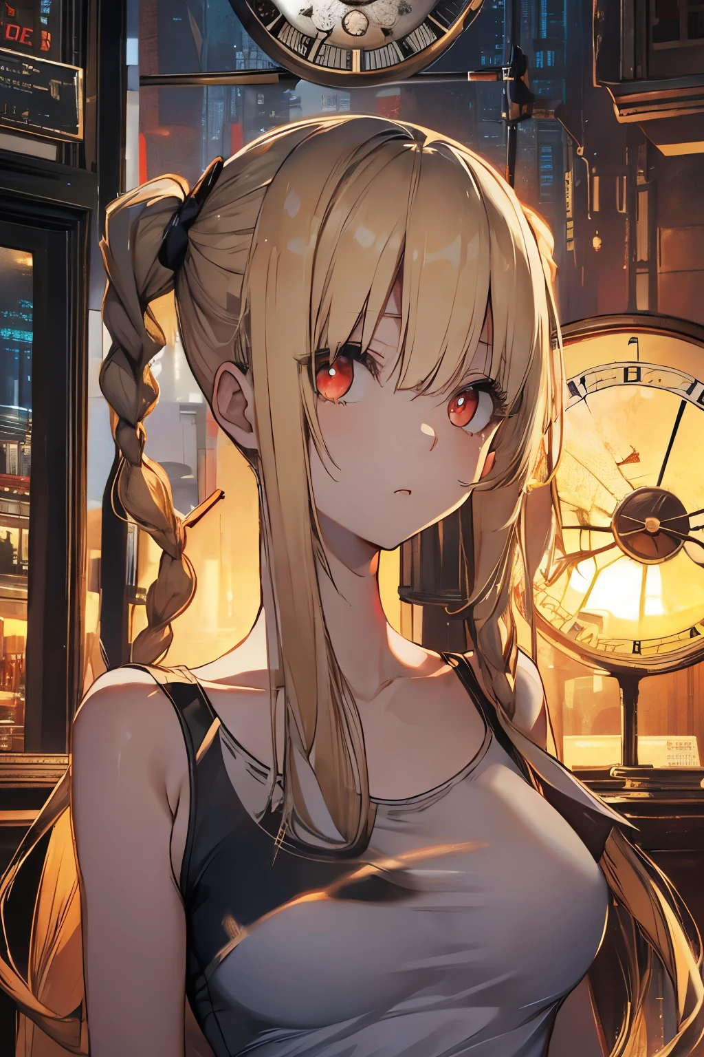 Optimal，masterpiece，High resolution，highest quality，Hyper HD，Very detailed，Award-winning，16k，alone，（Upper Body），Correct Anatomy，Beautiful Cyberpunk Girl，Upper Bodyの写真、Cute face，，blonde、Long Hair、Twin tails、Braid, Hairline，（（Scarlet Eyes）），Long eyelashes，Drooping eyelids，White skin，((Shoot from the front:1.5)), ((Tight camisole:1.5)), ((Clock Top:1.5))、rocket , (Large Breasts),