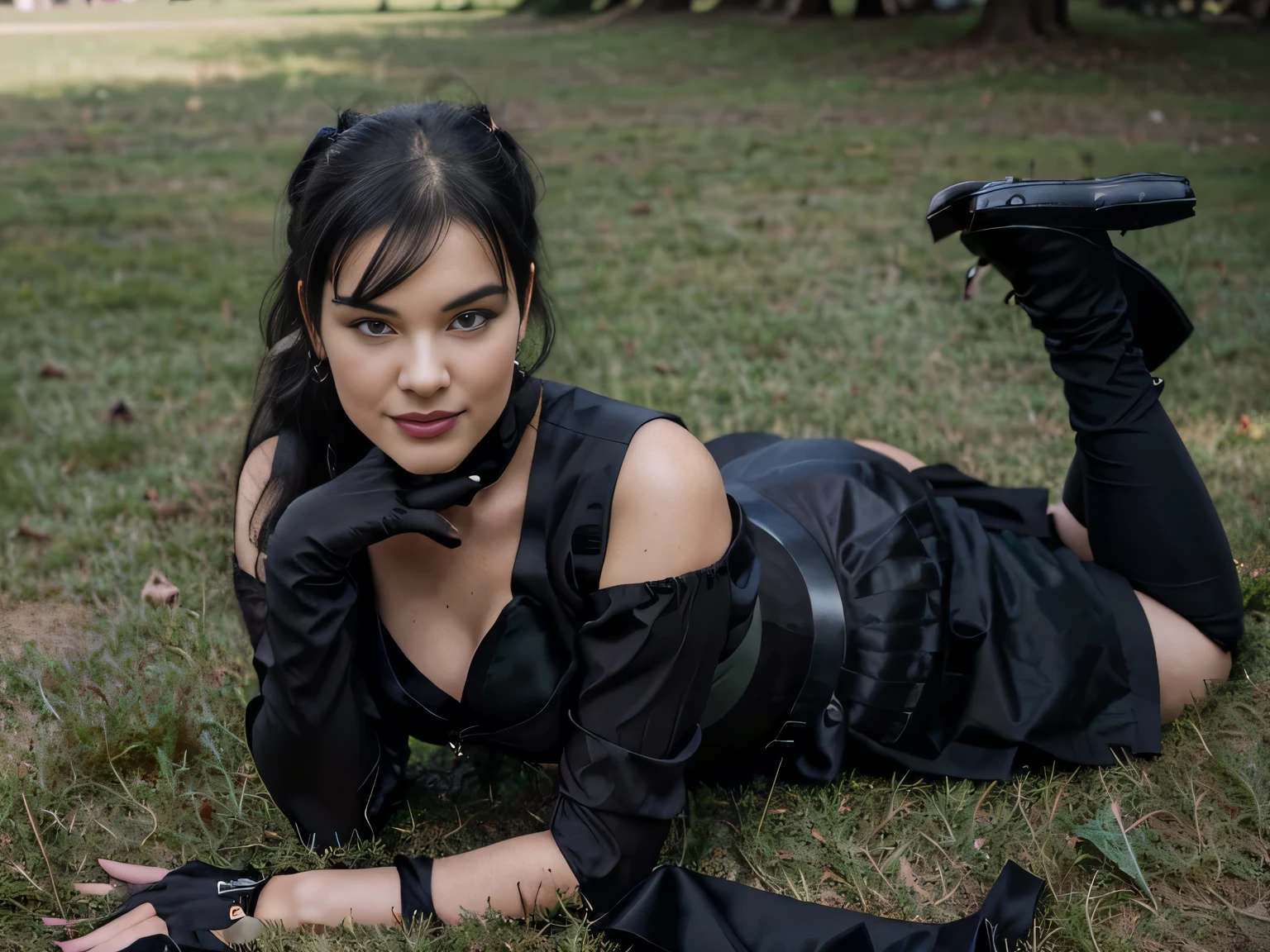 beautiful girl that looks like Bettie page, smile, updo, ponytail hair, black long maxi-skirt(black long maxi-skirt:1.2), ((long black satin gloves)),high boots, ((and a long woolen vest )), flirting with the camera, hand bag on her shoulders, lying on teh ground on the grass of central park,